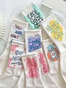 5 Pairs Of Random Ladies' White Letter Printed Stockings, Rib Socks And Soft Street Casual Socks, Suitable For Daily Exercise. - Multicolor - View 4