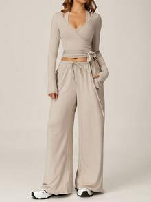 TimeOff Women's One Set Solid Color Cross Wrap Tie Waist Long Sleeve Cover Up With Elastic Drawstring Side Pockets Wide Leg Pants - Apricot - View 6