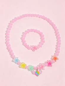 2pcs/Set Cute Resin Heart Pendant Star Beaded Necklace & Bracelet Jewelry Set For Girls, Daily, Holiday, Party Gift - Multicolor - View 6