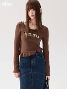CHUU 單字母針織布蕾絲拼接 T-Shirt，約會日常秋冬內搭外穿修身不對稱上衣 - 咖啡棕 - 查看 2
