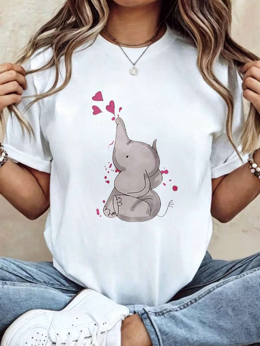 Large Size Pure Women'S T-Shirt With Elephant Heart Pattern Printed Round Neck Short Sleeve Top Suitable For Spring And Summer Retro Personalized Shir - White - View 1