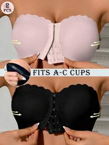 2pcs (Light Pink + Black) Front Closure Bandeau Bras, Upgraded Non-Slip Silicone, Wireless Seamless Bras (A-C Cup) - Multicolor - View 2