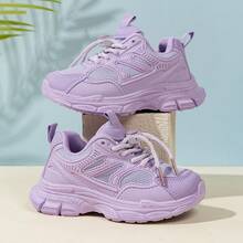 1 Pair Girls' Sports Shoes, New Style Kids' Chunky Sneakers With Double Mesh Breathable Anti-Slip Design For Spring And Autumn, Comfortable Casual Running Shoes For Big Kids And Teen Girls, Size Runs Small, Recommend Ordering One Size Up - Purple - View 1