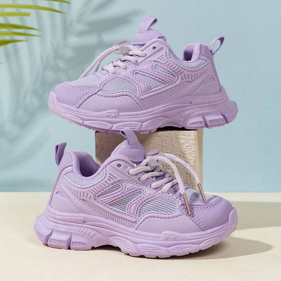 1 Pair Girls' Sports Shoes, New Style Kids' Chunky Sneakers With Double Mesh Breathable Anti-Slip Design For Spring And Autumn, Comfortable Casual Running Shoes For Big Kids And Teen Girls, Size Runs Small, Recommend Ordering One Size Up - Purple - View 1