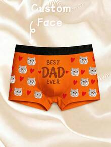 قطعة واحدة من ملابس داخلية رجالية بيضاء مطبوعة بوجه حيوان أليف مخصص وعبارة "Best Dad Ever"، ملابس داخلية ناعمة مخصصة كهدية لعيد الأب - لون برتقالي - مشاهدة 4