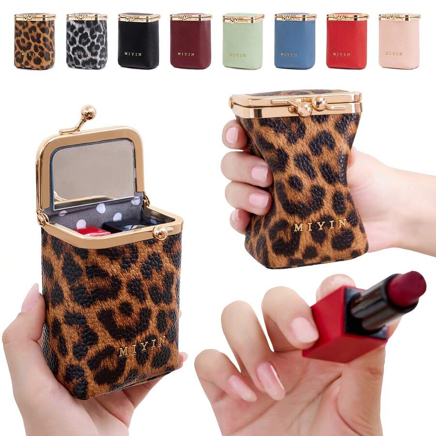 MIYIN Estuche de labial vintage con patrón de leopardo y cierre de beso con espejo interior, bolsa de cosméticos compacta portátil mini, estuche de almacenamiento de maquillaje pequeño para regalo diario de damas