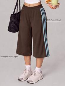 Sodalemon Women's Colorblock Loose Casual Sports Capris, Elastic Waistband, Side Pockets, Training Fitness Workout Shorts - Coffee Brown - View 1