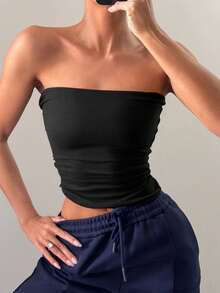 Women's Four Season Sexy Strapless Basic Solid Color Elastic Slim Fit Strapless Top, Spring And Summer Strapless Basic Vest Fashionable T-Shirt Casual - Black - View 11