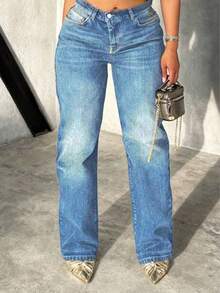 Celana Jeans Boyfriend Wanita Model Lurus Longgar Gaya Vintage dengan Efek Lusuh - Medium Wash - View 3