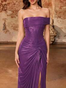 Elegant Asymmetric Cold Shoulder Shiny Satin Pleated Corset Long Dress, Ruched High Slit Mermaid Skirt, Bridesmaid Wedding Formal Party Gown For Summer And Autumn - Red Violet - View 2