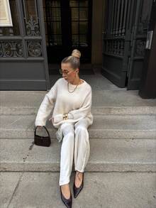 Sweater Rajut Longgar Minimalis Lembut untuk Wanita Musim Gugur/Dingin - Aprikot - View 6