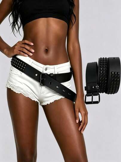 Unisex Pure Black Punk Style Belt, Rhinestone & Sequin Rock Fashion Leather Belt, Suitable For Teenagers Summer Casual, Outdoor Sports, Vacation Travel, Also Can Be Used As Graduation Gift, Birthday Clothing Accessory