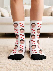 Personalized Custom Photo Crew Socks, Custom Face & Red Heart Pattern Mid Calf Socks, Creative Custom Gift For Men, Women And Lovers - Multicolor - View 4