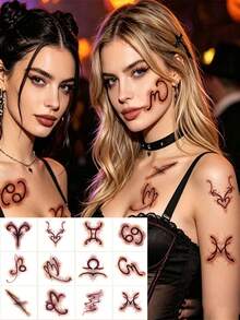 Tattoo Stickers, 12 Sheets/Set, Halloween Gothic Style 12 Zodiac Signs Pattern Body Art Design Temporary Tattoos, Easy To Apply And Remove, Halloween Cosplay Special Effects Makeup Stickers, Ideal Gift. - Brown - View 2