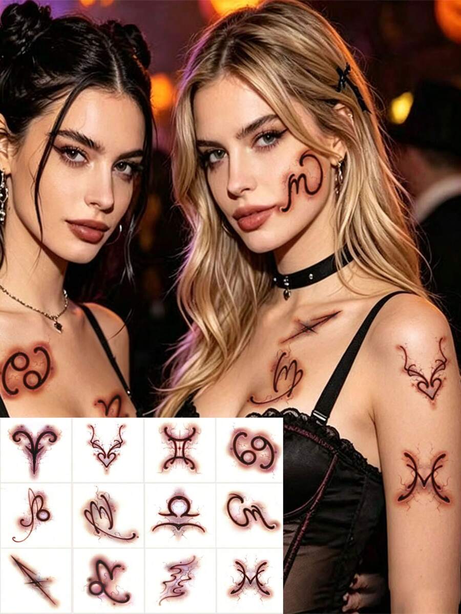 Tattoo Stickers, 12 Sheets/Set, Halloween Gothic Style 12 Zodiac Signs Pattern Body Art Design Temporary Tattoos, Easy To Apply And Remove, Halloween Cosplay Special Effects Makeup Stickers, Ideal Gift.