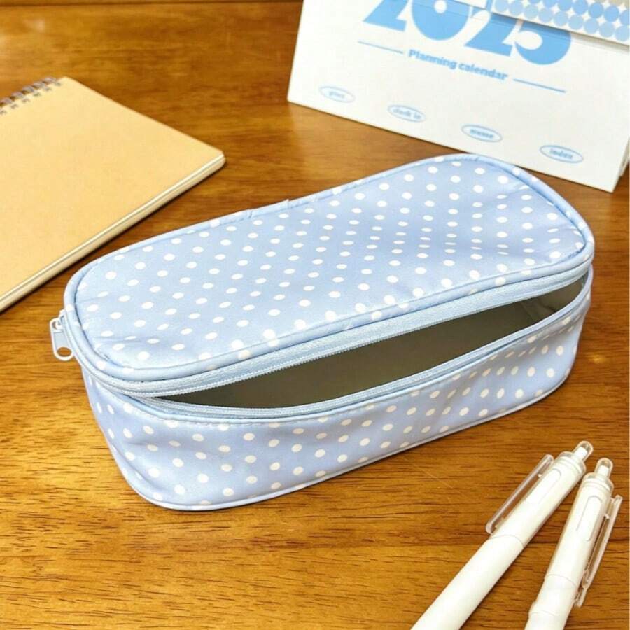 1pc Large Capacity Polka Dot & Plaid Pencil Case, Soft Polyester Fabric Stationery Storage Box, Portable & Stylish Pen Bag, Suitable For Students, Multi-Functional Makeup Bag, Desk Organizer, Ideal For School, Office, Travel And Back To School - A - View 1