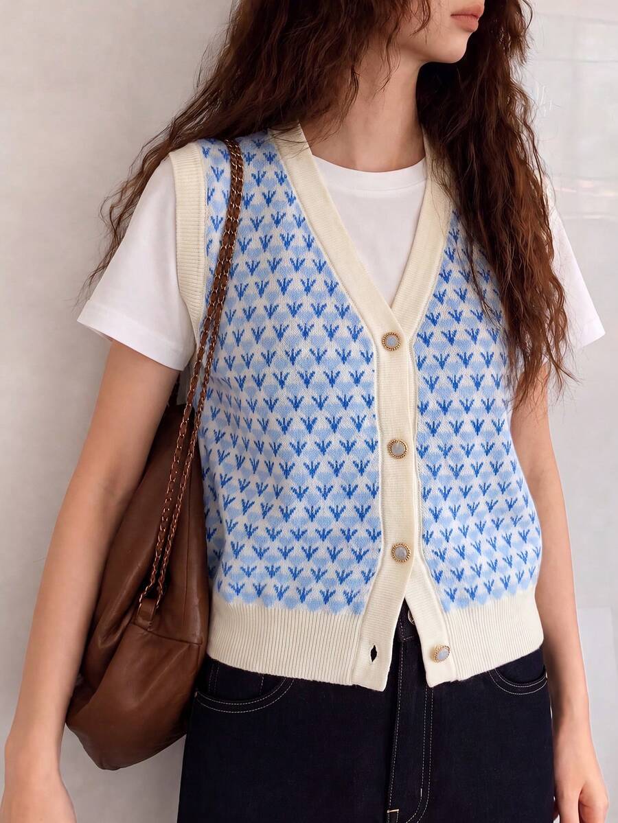 Cardigan Vest Wanita Kasual Minimalis Elegan Motif Bunga Lembut Leher V untuk Musim Gugur/Dingin - Biru - View 1