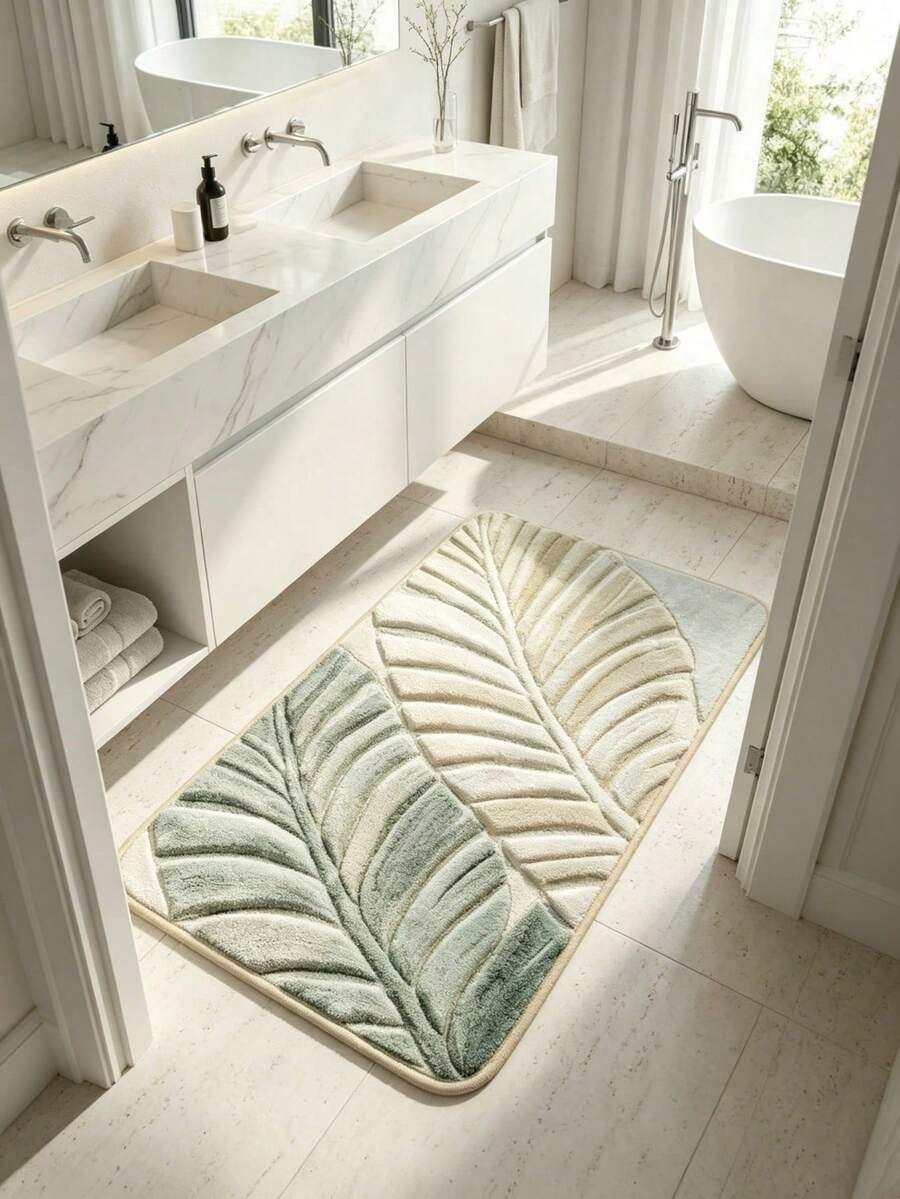 1PC Gradient Green & White Dual Banana Leaf Long Bathroom Mat, 3D Embossed Leaf Print, Fresh Natural Style Bath Mat For Shower, Sink Entrance, Suitable For Living Room, Bedroom, Entryway, Kitchen, Study, Bathroom Decoration