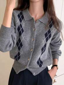 Jaket Kardigan Rajut Jacquard Berlian Vintage Desainer Musim Gugur/Dingin Wanita - MultiWarna - View 3