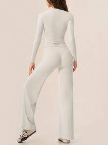 TimeOff Women's One Set Solid Color Round Neck Fitted Long Sleeve Top And High Waist Butt-Lifting Flared Pants - Apricot - View 6