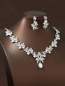 Women's 3 Pieces Bridal Wedding Necklace & Earrings Set & Wedding Party Elegant Jewelry Combination - Silver - View 2