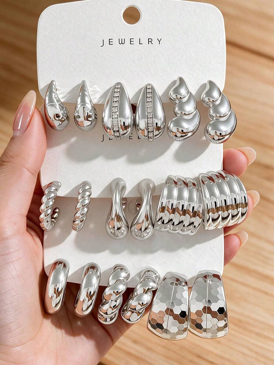 6/18 piezas Juego de 9 anillos de plata para mujer con diseños florales, espirales, geométricos y gruesos, combinación de joyería vintage de moda para fiestas y uso diario, mix & match - Plateado - Ver 1
