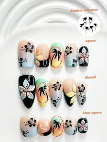 10片島嶼日落風手工穿戴甲，Polygel美甲套組，花卉、黑綠色指甲油，復古風，附美甲工具，3種尺寸可選：方形、短方形、杏仁形，適合派對、舞蹈、日常穿戴，椰子樹隨機排列 - 彩色 - 查看 5