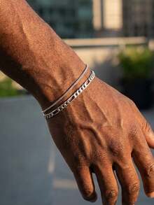 2pcs/Set Gelang Rantai Dua Lapis Stainless Steel Berlapis Emas 18K untuk Pria, Modis & Serbaguna - Perak - View 1