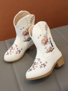 Girls' Portrait Butterfly Print Western Mid-Calf Boots With Rear Zipper And Chunky Heel Fashion Boots - White - View 6