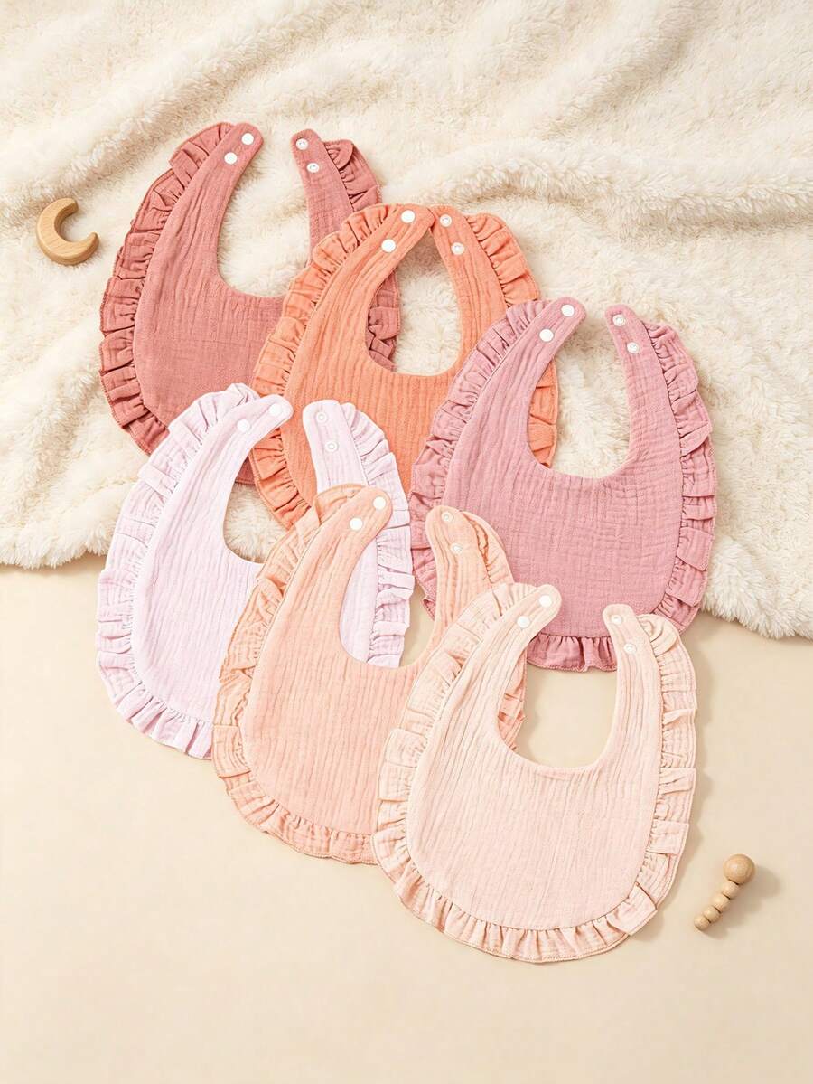 6Pcs Ruffled Crinkle Cotton Baby Drool Bibs, Absorbent Pure Cotton Stain Resistant Feeding Bibs For Newborn Boys Girls All Season - Multicolor - View 1