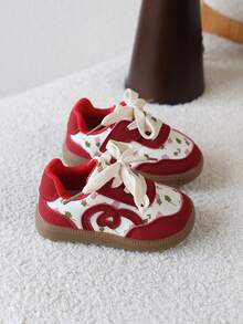 1 Pair Baby Girls' Retro Floral Soft Sole Casual Sneakers, Versatile Board Shoes - Red - View 6