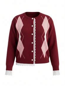 Atasan Rajut Patchwork Renda Kancing Tunggal Jacquard Argyle Ukuran Plus - Merah - View 6