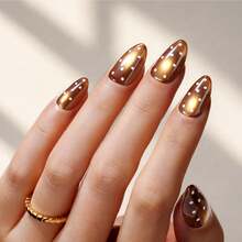 Beetles Maple Brown Cat Eye Press-On Nails, Short Almond Polka Dot False Nails With Glue & Adhesive Tabs, Ready-To-Press Fall Manicure Kit - Brown Cat Eye Short Almond Polka Dot Design - 查看 2