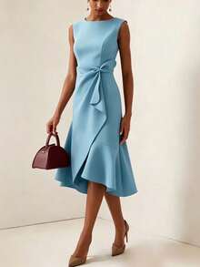 1pc Women's Solid Color Elegant Sleeveless Round Neck Party Dress, Fashionable Casual Mid-Length Summer Dress Wedding Fall - Baby Blue - View 2