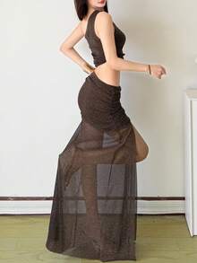 女款優雅性感亮面不對稱領口露背兩件式修身洋裝套裝，適合晚宴派對 - 棕色 - 查看 8