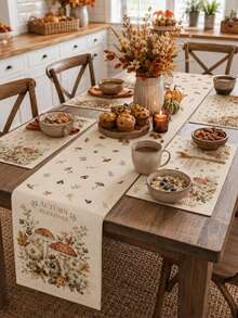 Autumn Mushroom Pattern "Autumn Blessing" Desktop Linen Table Flag+Placemat Set, Natural Style Home Decoration Table Flag, Foldable And Easy To Care For Kitchen Countertop Placemat, Autumn Decoration, Preferred Kitchen Supplies. - Multicolor - View 1