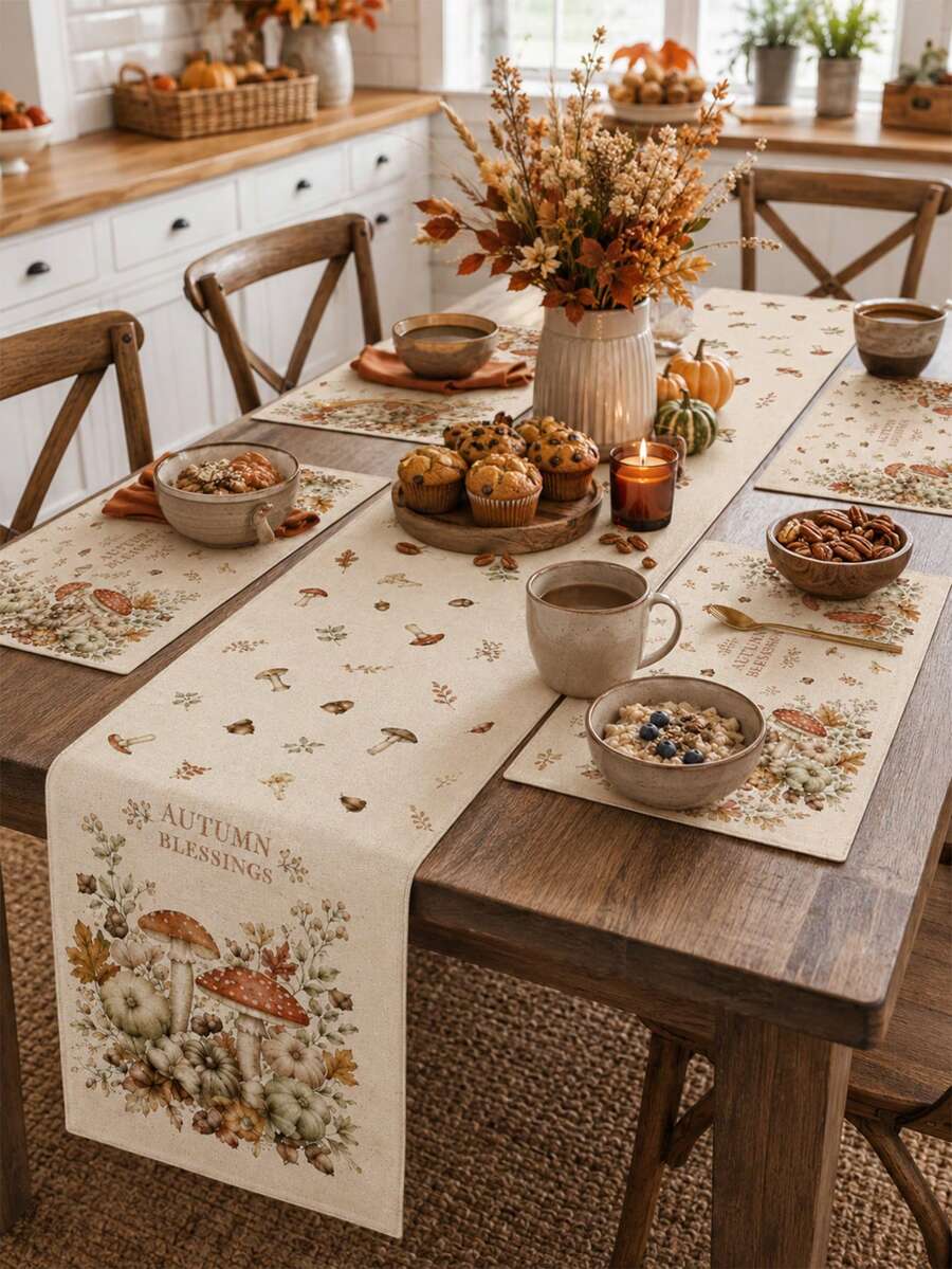 Autumn Mushroom Pattern "Autumn Blessing" Desktop Linen Table Flag+Placemat Set, Natural Style Home Decoration Table Flag, Foldable And Easy To Care For Kitchen Countertop Placemat, Autumn Decoration, Preferred Kitchen Supplies. - Multicolor - View 1