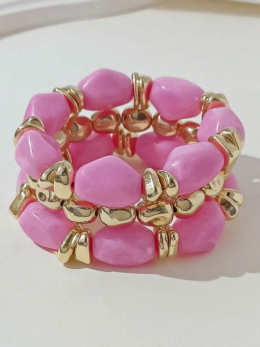 3pcs Set Fashion Vintage Bohemian Thick Multi-Layer Pink Acrylic Asymmetrical Beaded Bracelet Set For Women