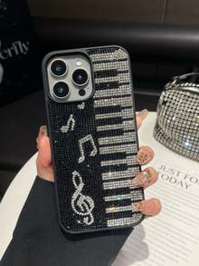 1pc Pink Piano Note Rhinestone Phone Case Luxury Shockproof 2-In-1 Protective Cover For IPhone 17 Pro Max/13/14 - Black and White - View 6