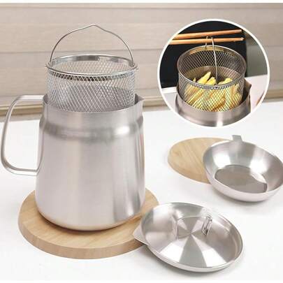 Un juego de olla freidora de acero inoxidable 304 con cesta y colador de aceite, fondo doble para calentamiento uniforme, contenedor de grasa de tocino para cocina y camping, freidora de tempura japonesa, 2L (2Qt/68oz). Asegura un calentamiento uniforme para una fritura perfecta.