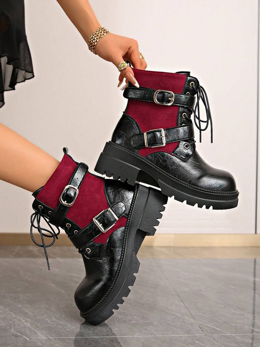 Black & Red Colorblock Boots For Women, Double Metal Buckle Thick Sole Height-Increasing Motorcycle Ankle Boots, Punk Style Lace-Up Side Zipper Fashion Boots - Burgundy - View 1