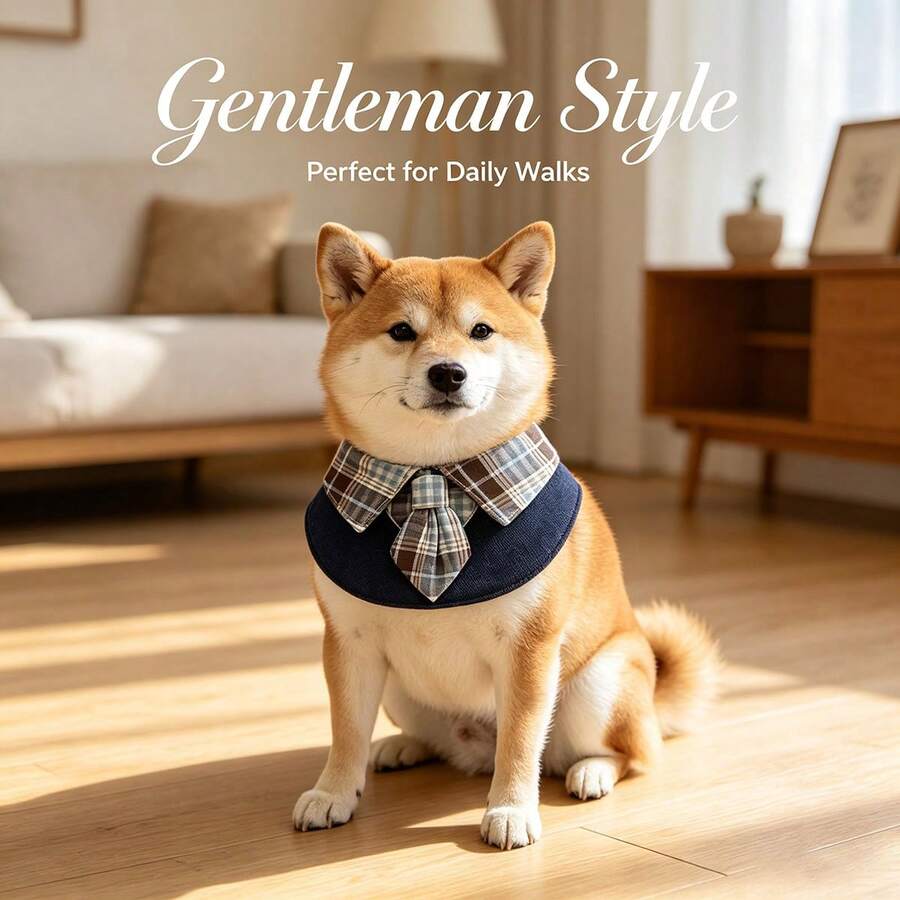 1pc College Style Bow Tie Pet Bib, Gentleman Style Neck Scarf, Cute Dress-Up Drool Bib, Suitable For Small To Medium Dogs And Cats - Navy Blue - View 1