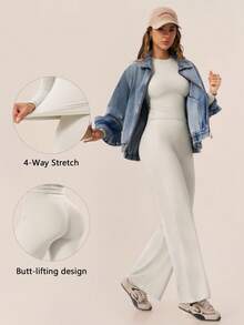 TimeOff Women's One Set Solid Color Round Neck Fitted Long Sleeve Top And High Waist Butt-Lifting Flared Pants - Apricot - View 11