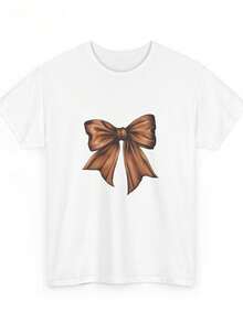 Short Sleeve Crew Neck, Soft Breathable Brown Coquette Bow Pattern For Daily Outdoor Outfits Spring Summer Autumn, Local Shipping - 白色 - 查看 5