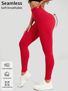 Legging Tanpa Jahitan Rajut Vertikal Minimalis, Siluet Terbentuk untuk Gerakan Aktif Sehari-hari - Merah - View 3