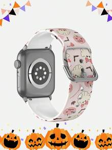 1pc Pink Pumpkin & Ghost Pattern Halloween Holiday Watch Band Accessory, Silicone Strap Compatible With Apple Watch 38/40/41/42/44/45/46/49mm, Cute & Quirky Style Women's Smartwatch Band, Suitable For Apple Watch Ultra Series S11/S10/SE/9/8/7/6/5/4/3/2/1 Smartwatch Band Accessory, Soft Elastic Comfortable Breathable Wristband Replacement Silicone Strap - Multicolor - View 2