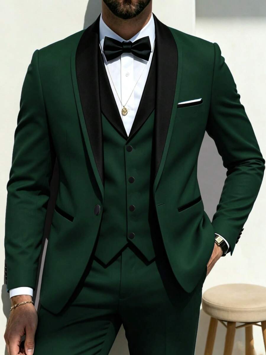 SuitGent 三件套男士高品质商务西装，撞色新郎婚礼礼服，修身休闲西装外套和裤子套装，春季礼服套装
