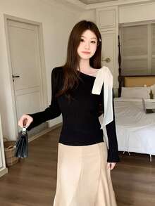 French Chic Style Women's Autumn/Winter Knit Sweater Base Layer, Slanted Neckline With Tie Detail, Slim Fit Top - Black - View 2