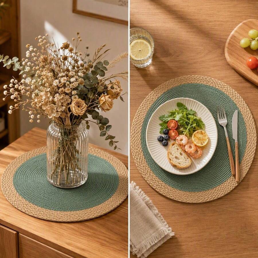 4/6pcs Round Dual-Color Woven Placemats, Thick Anti-Slip Heat-Resistant Table Mats, Durable Hemmed Polypropylene Washable Dining Mats, Suitable For Kitchen Dining Table, Autumn Home Decor, Daily Dinner, Party, Banquet Home Use - Green - View 1