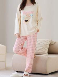 Women's Round Neck Cartoon Print Pajama Set, Shell Flower Long Sleeve Top + Pants With Pockets, Cute Pajama Set, Women's Loungewear Set - Apricot - View 3